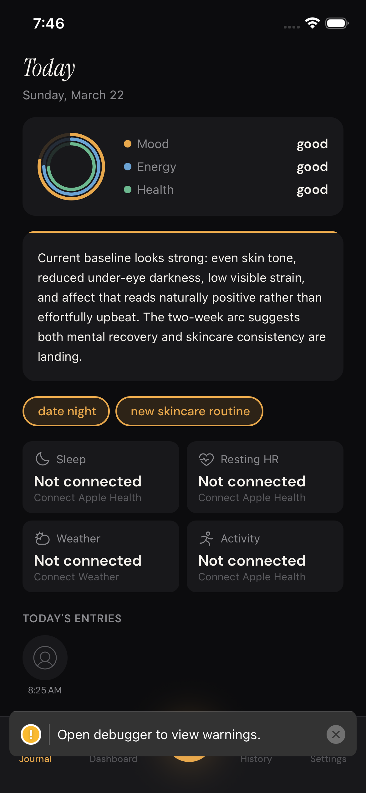 FaceJournal daily view with mood scores and AI assessment
