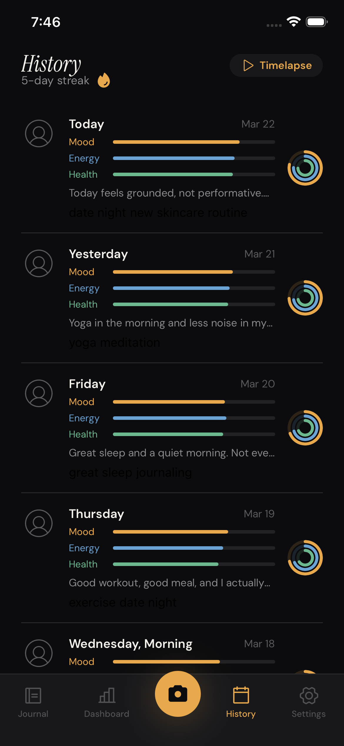 FaceJournal history showing daily entries with score bars