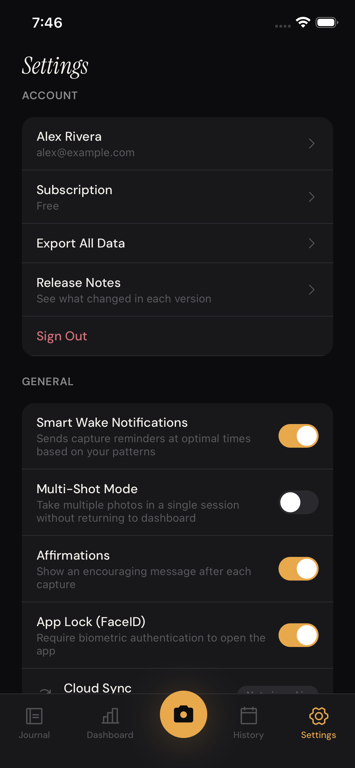 FaceJournal settings with profile and feature toggles